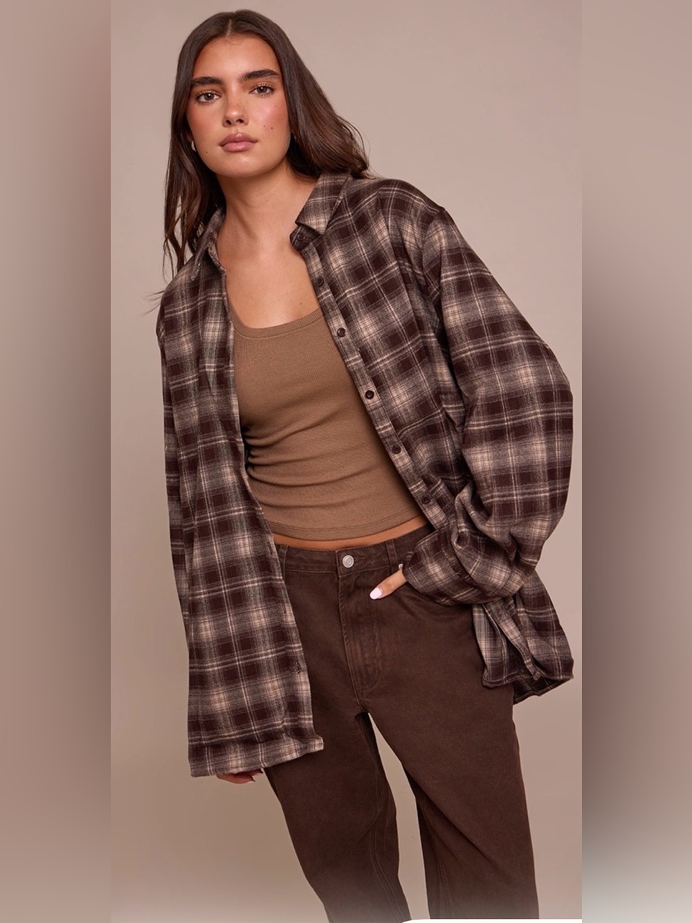 PrettyLittleThing Brown Tartan Checked Flannel Oversized Shirt Brown & White US